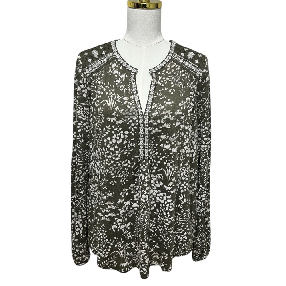 Lucky Brand Green and White Floral Print Embroidered V-Neck Blouse Sz L